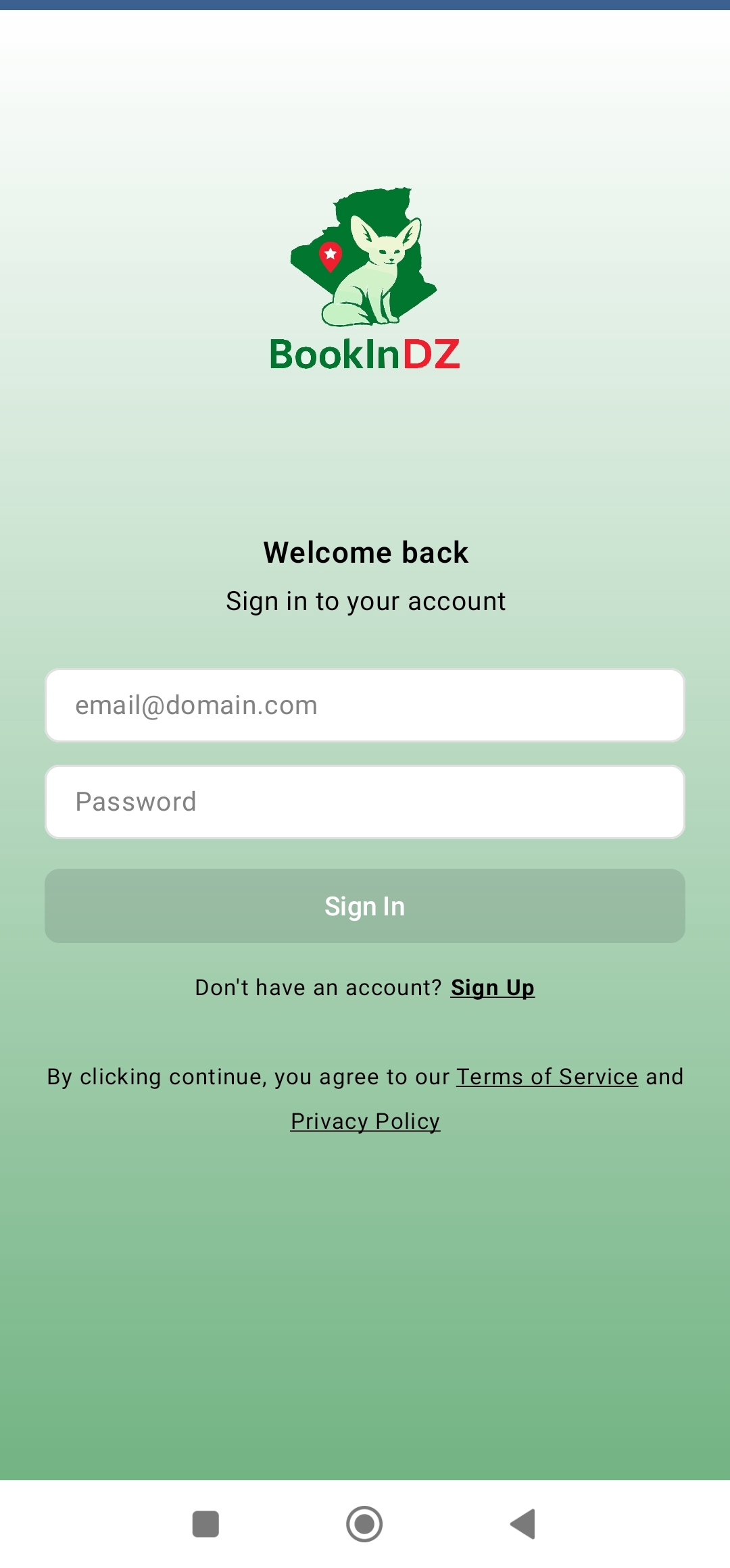 BookInDZ Sign In Screen